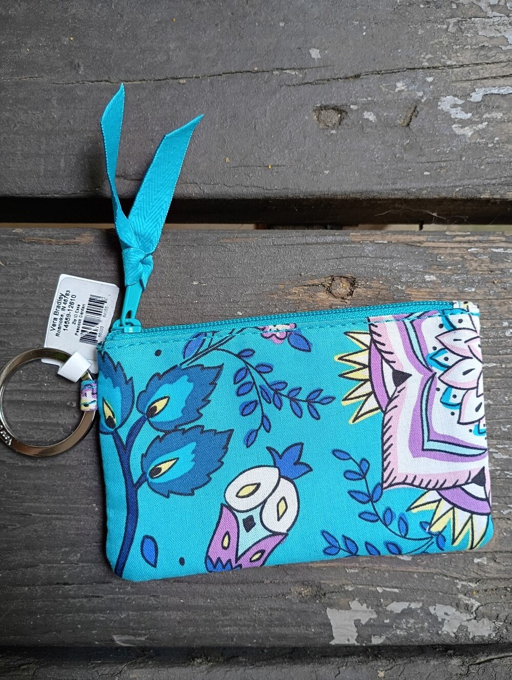 Vera Bradley Teal Floral Cotton Card Holder Keychain Zip Pouch